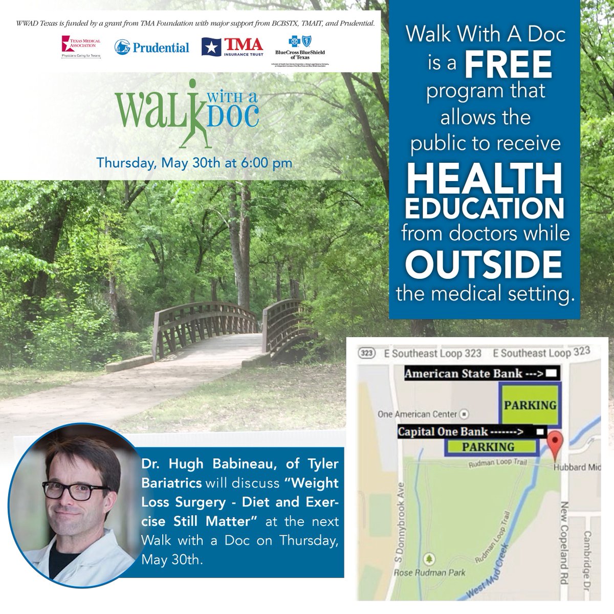 smithcomed's tweet photo. ATTENTION WWAD Fans! On Thursday, May 30 join us for the LAST SPRING WWAD presentation, “Weight Loss Surgery - Diet and Exercise Still Matter” led by speaker, @HughBabineauMD, of Tyler Bariatrics. @UTHEastTexas 
Meet at the Copeland Road trailhead of Rose Rudman Park at 5:45 pm. https://t.co/483vTCp9Vg