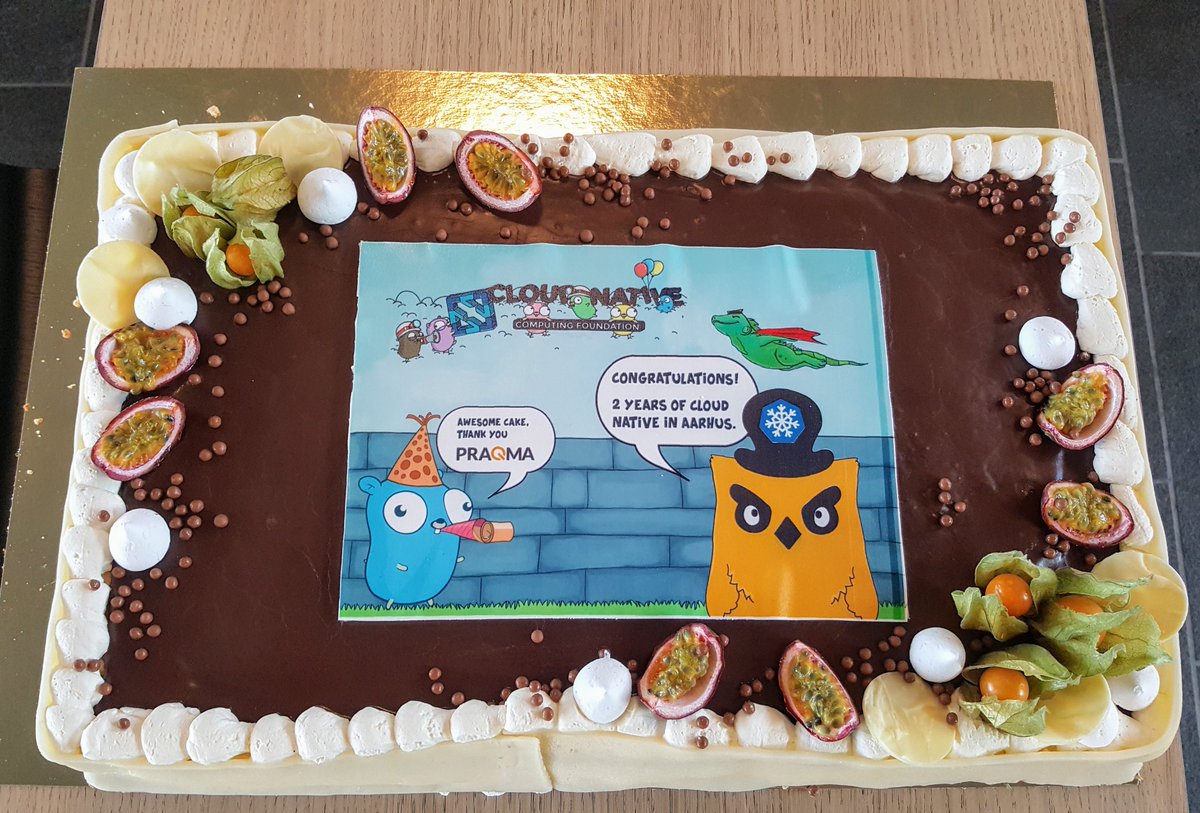 JonasVinthr's tweet photo. Celebrating 2 years of #CloudNativeAarhus with cake sponsored by @Praqma! Thanks for an awesome Prometheus Hack Night! https://t.co/cfAahRII2h