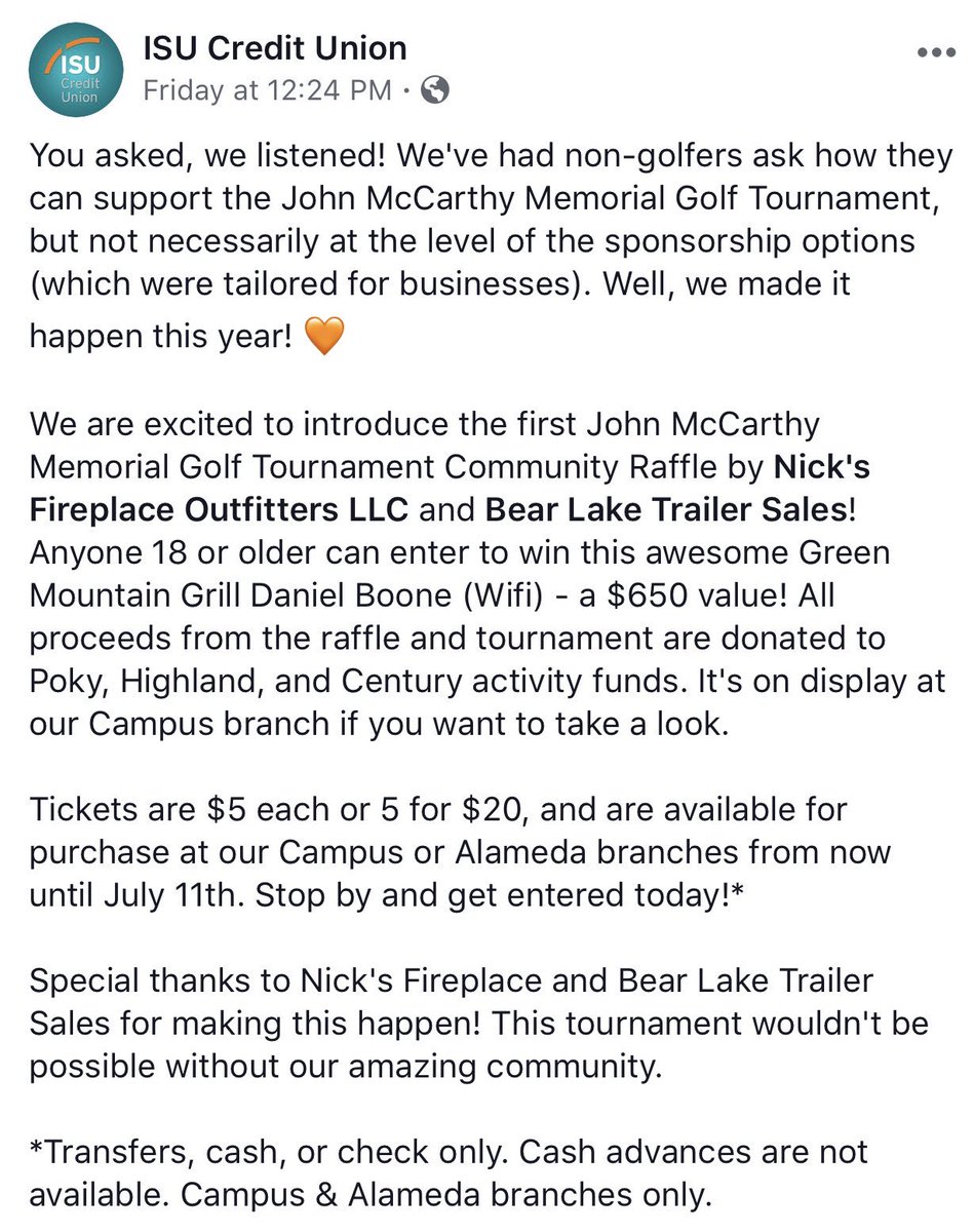 lookoutcu's tweet photo. Not planning to attend our John McCarthy Memorial Golf Tournament but still want to help out our local district @PCSD25!? Purchase tickets at our branches for your chance to win this amazing smoker! Details below! #educationalpartner #isucufored https://t.co/FLjlW3bSnN