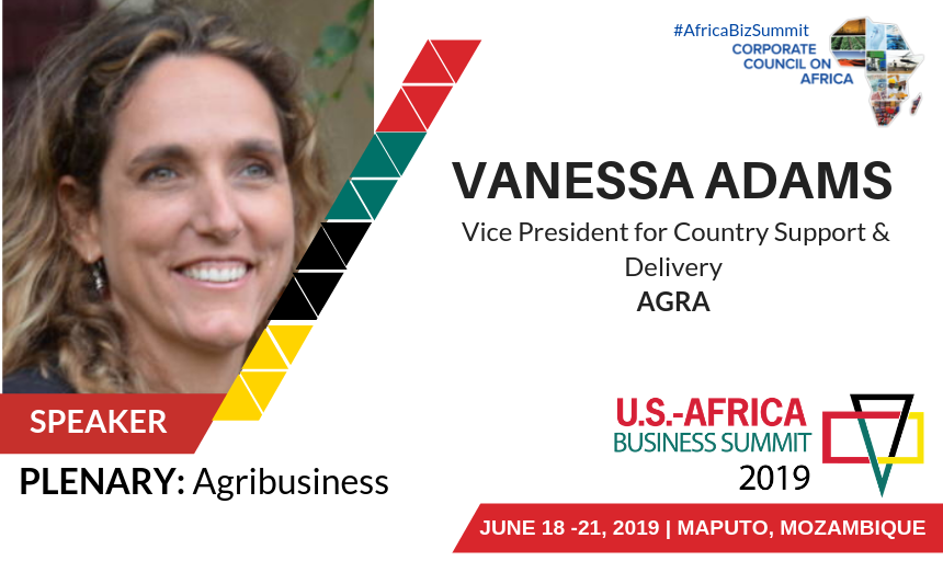CorpCnclAfrica's tweet photo. We’re pleased to announce that Vanessa Adams, Vice President for Country Support and Delivery @AGRAAlliance will speak on Agribusiness at the U.S.-Africa Business Summit in Maputo, Mozambique. Join her and register Now: https://t.co/RGi4c9mBLm
 #AfricaBizSummit https://t.co/rdPbNTxGlK