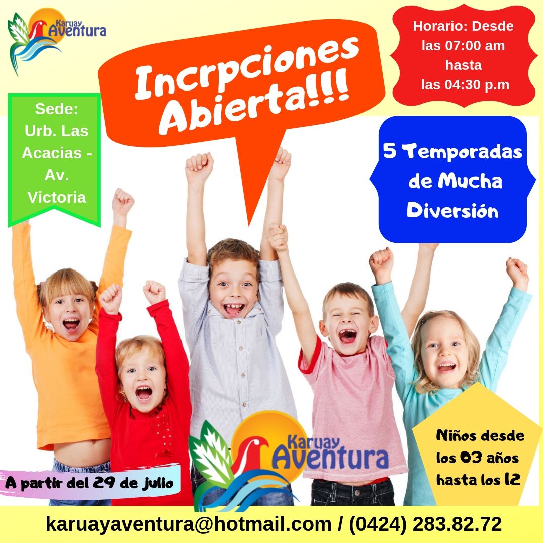 karuayaventura's tweet photo. Ya abrimos las inscripciones de nuestro Plan Vacacional 2019, para niños a partir de los 03 hasta los 12 años. Nuestra sede está ubicada en la Av. Victoria - Caracas. Solicita la información completa a nuestro correo karuayaventura@hotmail.com https://t.co/NRWoExsnEy