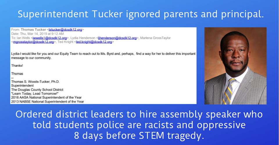 DCSD_Watch's tweet photo. Open records show DougCo School Super. Tucker personally intervened to hire a political consultant who told students police are oppressive and racist in days leading up to tragic #STEMshooting. https://t.co/T41gkrJgQY #copolitics #edcolo #unityofpurpose https://t.co/YeCm5V62Cp