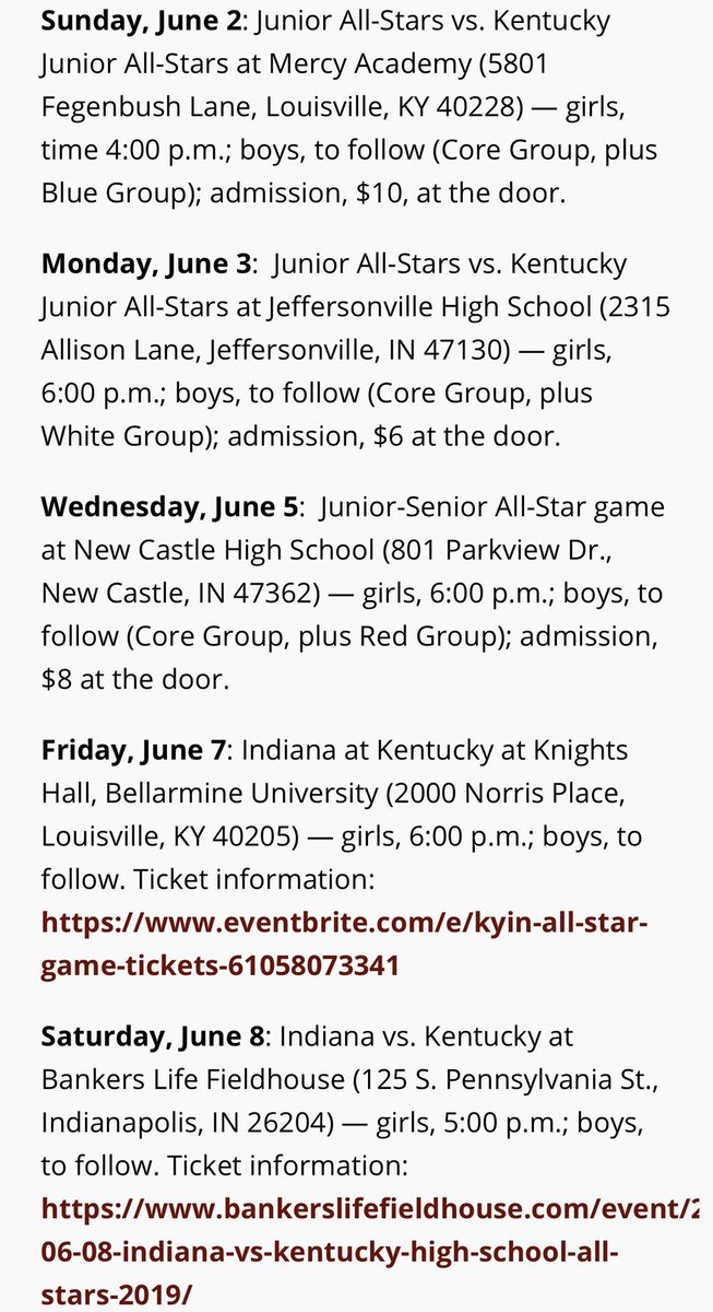 indallstars's tweet image. Game Schedule for the Indiana All-Stars (Jr. Games; Sr. Games; Jr. /Sr. Exhibition)
2019 Indiana All-Stars schedule