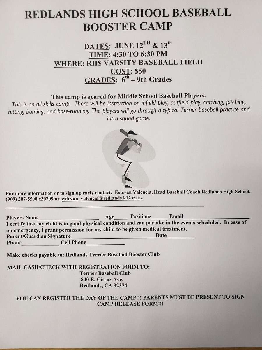 redlandsbsball's tweet photo. Terrier Baseball camp is coming in June! https://t.co/Ypyhnx0hcx