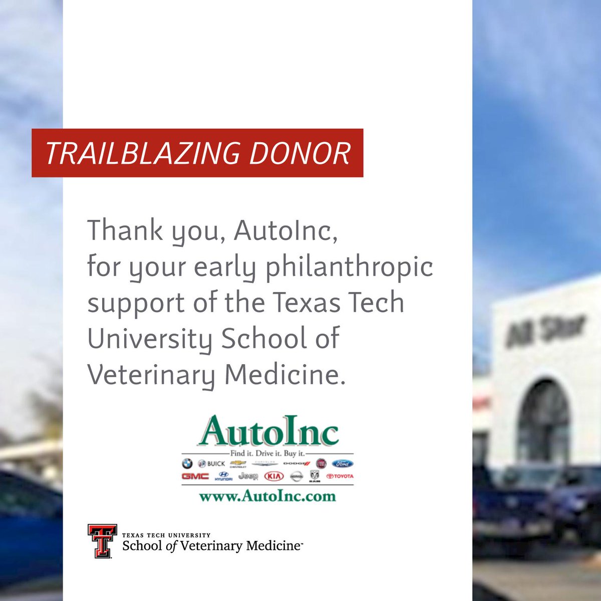 TTUVetMed's tweet photo. Thank you, #AutoInc, for your early philanthropic support of the @TexasTech School of Veterinary Medicine. #TTUVetMed https://t.co/9FgRDnCclx