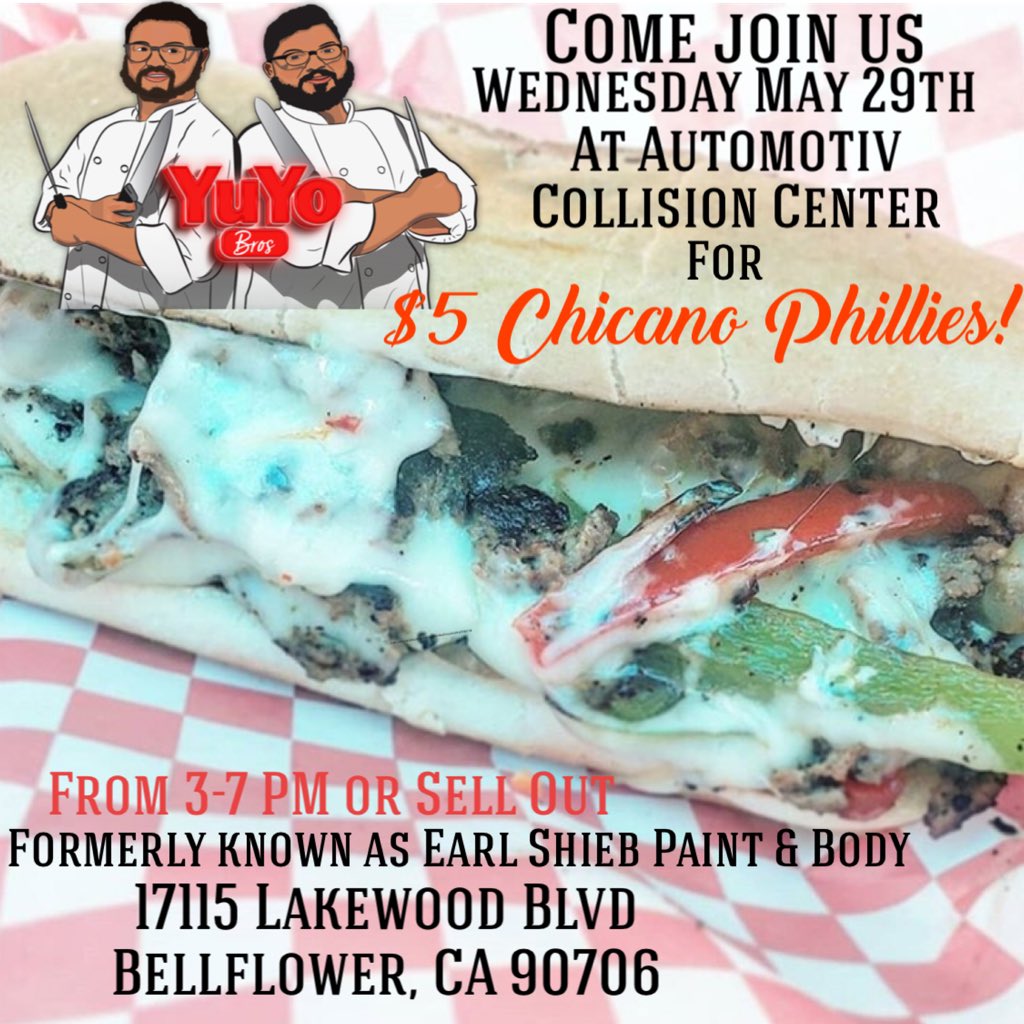 YuYoBros's tweet photo. *Correction*
Whatβs up YuYo Fam! Weβre going to be back at the body shop tomorrow For $5 Chicano Phillies! We will be there from 3-7 PM or sell out. Come on down! #ChicanoPhillies #YuYoBros 17115 Lakewood Blvd Bellflower CA
Just to clarify, from 3-7 not 2-7 https://t.co/JC5XQZ8eaA