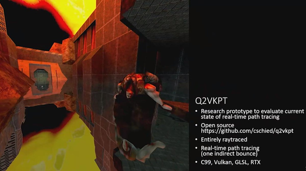 NVIDIAGameDev's tweet photo. In this blog and video series, learn how Christoph Shied (@c_schied) enabled full path tracing in Quake 2 while working on a ground-breaking research project called Q2VKPT https://t.co/fHcVUc0yiU #rtx #gamedev https://t.co/Rl8jVRPKSM