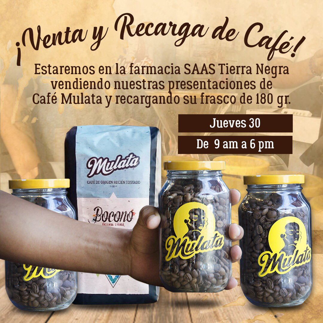 ¿Saben qué va a pasar este jueves 30?... Regresa nuestra #BarraMulata a farmacia @saastierranegra, donde estaremos vendiendo, recargando y dando degustaciones de nuestro distinguido #CaféMulata... Una vez más, los esperamos desde las 9 de la mañana y hasta las 6 de la tarde😉