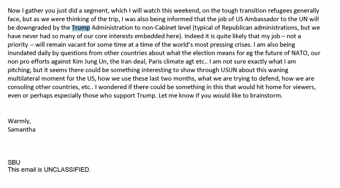 6. Steinberg raised the idea of “a useful (and somewhat cathartic) vessel to Channel some post-Trump messages about who we are.” Minutes later Power responds, “Need to move out on 60 mins idea to seek maximum amplif. [sic] I can write Charlie or bill Owens if he’s still there.”