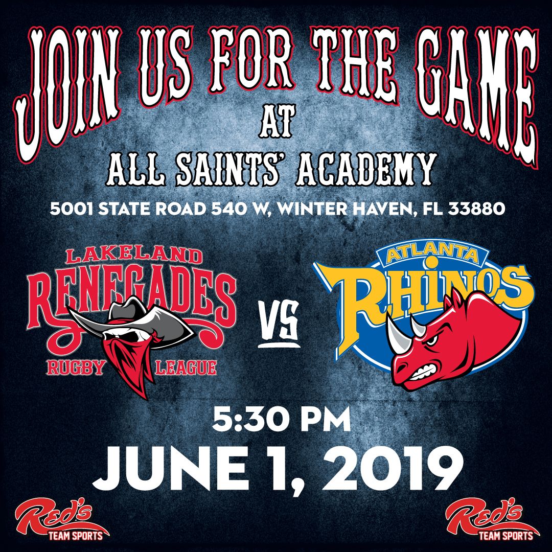LakelandRL's tweet photo. Looking forward to taking on the @AtlantaRhinos this weekend at our home field! Game time is 5:30pm at All Saints' Academy's Jahna Field (5001 State Rd 540 W). Come on out for a great evening with Lakeland's newest rugby league team!  #LakelandRenegades  #rugbyleague  #usarl https://t.co/VQmqcMbBNx