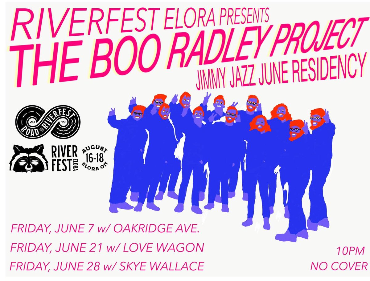 Another step on the Road to Riverfest — a <a href="/JimmyJazzGuelph/">Jimmy jazz</a> residency with Elora’s own @BRAP_Music ft. a few friends of the festival!

06/07 <a href="/OakridgeAve/">Oakridge Ave.</a> 
06/21 <a href="/LoveWagon_/">Love Wagon</a> 
06/28 <a href="/skyewallace/">Skye Wallace</a> 

No cover.

Then catch Skye and karaoke Boo at the fest.