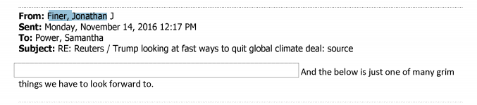 7. Power communicated with Jonathan Finer who was Chief of Staff and Director of Policy Planning for Secretary of state John Kerry. She asked her chief of staff Sergio Aguirre if he was in Finer "Re: Clearances"