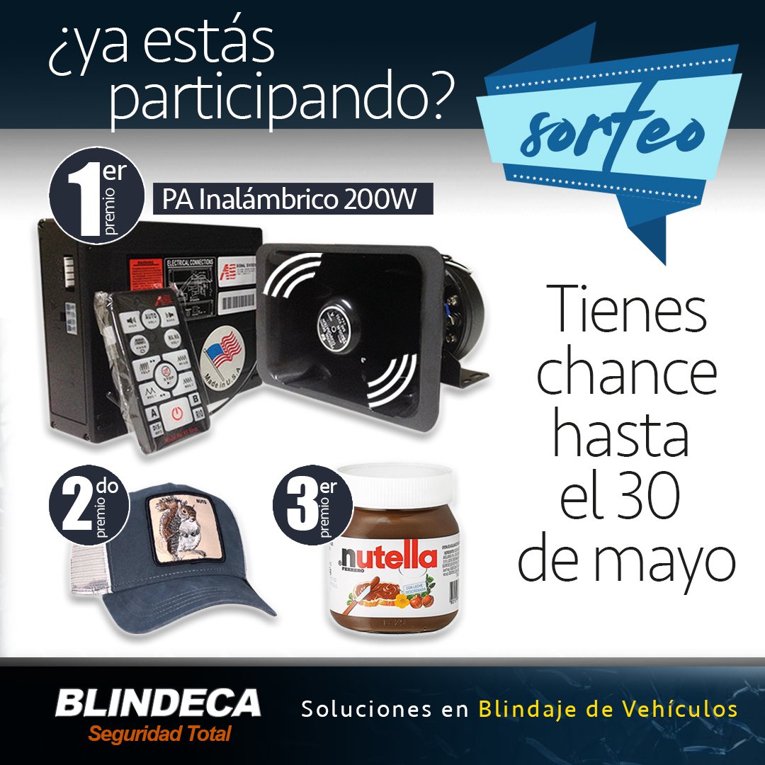 Tenemos un #sorteo donde podrás ganar fabulosos premios. Sigue el enlace y ¡PARTICIPA! bit.ly/2wrY0Hz

#BlindajedeVehiculos #Blindeca #BlindecaVenezuela #SeguridadTotal #BlindajeAutomotriz #SolucionesenBlindaje #seguridad #proteccion