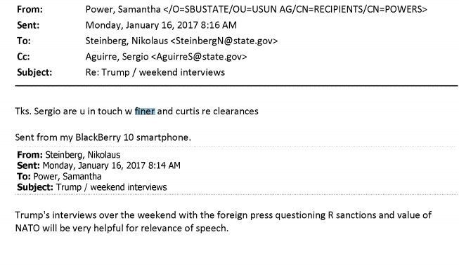 7. Power communicated with Jonathan Finer who was Chief of Staff and Director of Policy Planning for Secretary of state John Kerry. She asked her chief of staff Sergio Aguirre if he was in Finer "Re: Clearances"