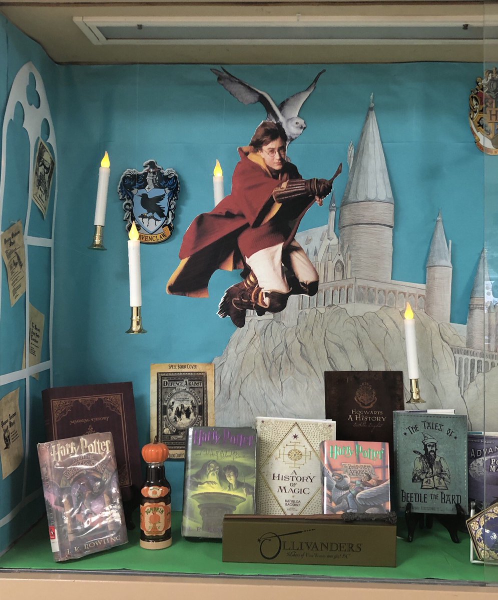 MrsWasielesky's tweet photo. #GiveaHootfor Harry Potter 20 year anniversary. Creativity by Donna Larkin #bookdisplay @LynbrookPublic @LynbrookSouthMS @Snkr_Tchr @jk_rowling @neilmac12345 https://t.co/ZB0Ipj1br2