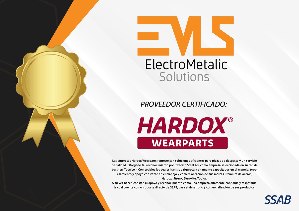 ElectroMetalic_'s tweet photo. ELECTRO METALIC SOLUTIONS proveedor certificado Hardox Wearparts ✅💪

#EMS #ElectroMetalicSolutions #hardox #hardoxwearparts #duroxite #ssab  #wearplate #certification #solutions #strenx #toolox https://t.co/lGtVljlN8l