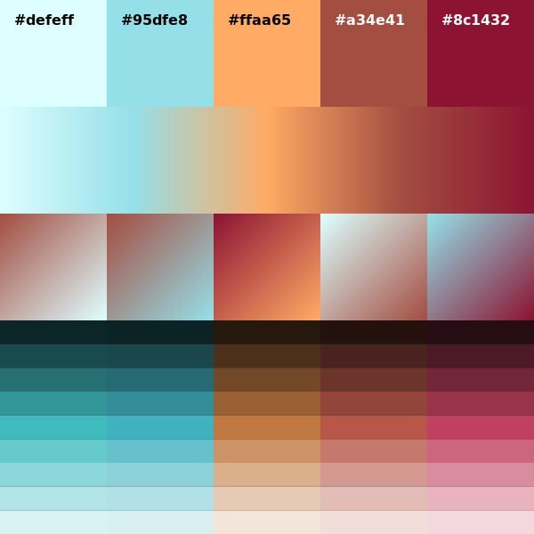 palett_es's tweet photo. #defeff #95dfe8 #ffaa65 #a34e41 #8c1432 #generative #design #colors #colorScheme #palette Download it from: https://t.co/jLgP3ICDxo https://t.co/Os5NkVfDgy