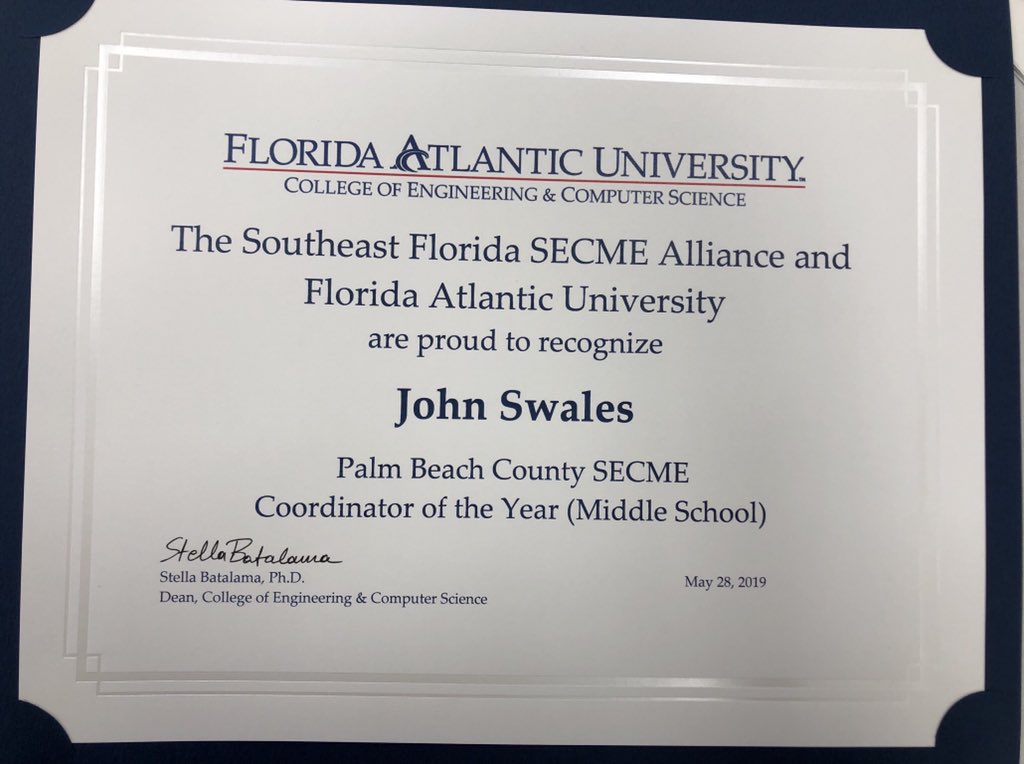 Middle School SECME Coordinators of the Year Mrs.Petillo and Mr. Swales <a href="/MrSwalesBRCMS/">John Swales</a> <a href="/petillo_cynthia/">Cynthia Petillo</a> <a href="/BocaRatonMiddle/">Boca Raton Middle</a>