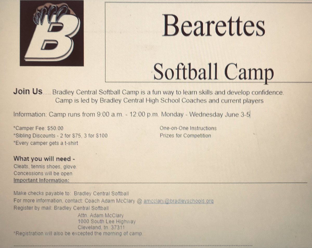 Bradley Softball camp will be next Monday -Wednesday 9:00-12:00 at Bob Makenzie Field <a href="/BCPRsports/">Bradley Parks</a>