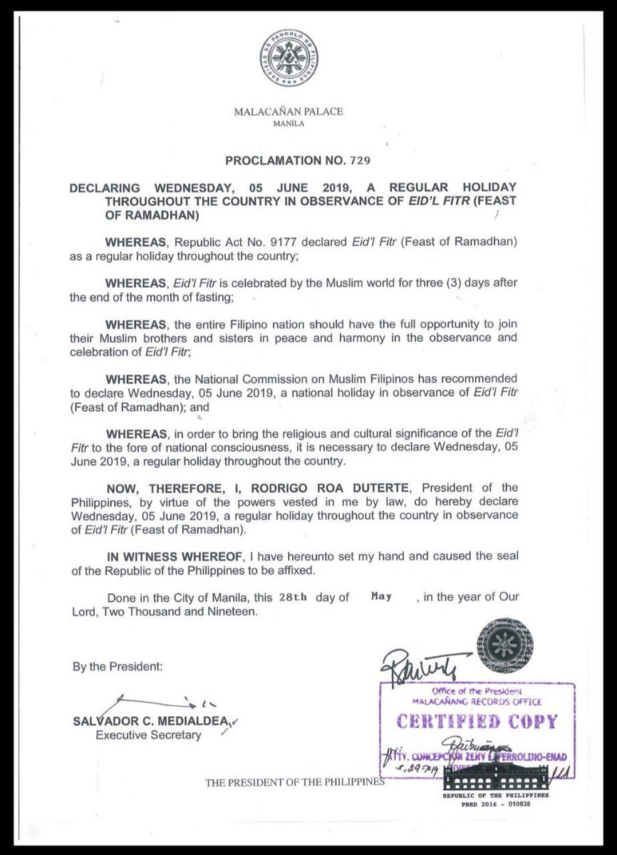 Cnn Philippines Walangpasok President Duterte Signs Proclamation 729 Declaring June 5 Wednesday A Regular Holiday For Eid L Fitr T Co Opn9apsfgf T Co Zb4nxpqwv6 Twitter