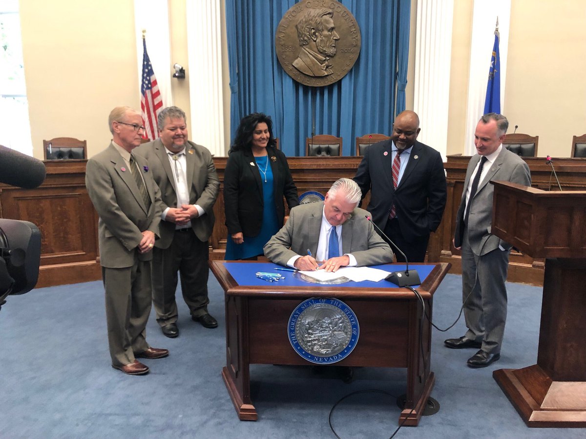 LVSusanNV's tweet photo. I was honored to attend Speaker @JasonFrierson’s #AB136 bill signing ceremony to restore prevailing wage! On top of that, @LVchrisbrooks’ #SB231 was also signed by @GovSisolak, which restores Project Labor Agreements. #NVLeg https://t.co/gQG0roBikD