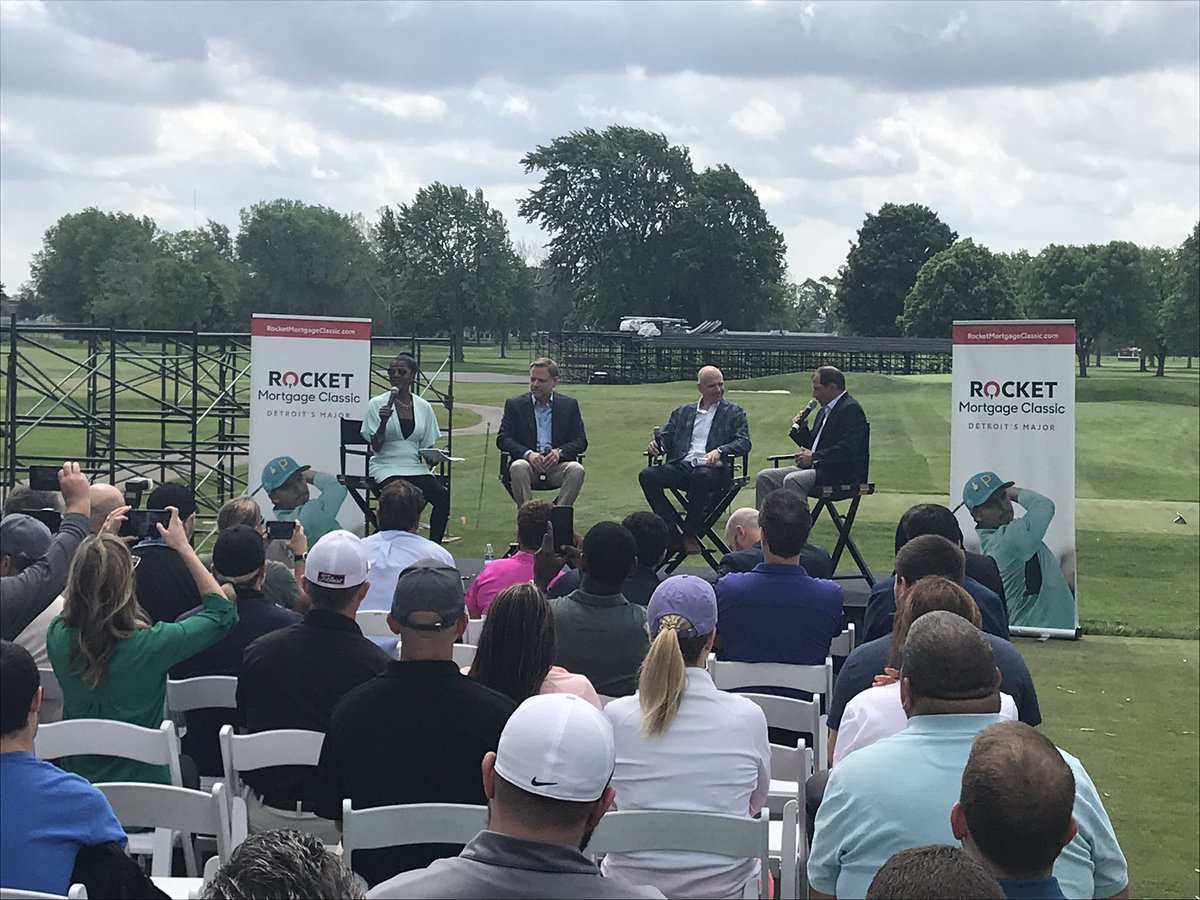 wjrradio's tweet photo. #RocketMortgageClassic Media Day live from Area 313.  Holes 14, 15 and 16 will be the place to be later this June for the @RocketClassic at @DGCGolfClub #Area313 #Eagle #Ace #Birdie #30Days https://t.co/thMogeN1CJ