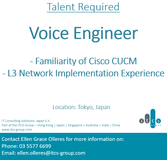 EllenItcs's tweet photo. Hello everyone! Looking for a talented #VoiceEngineer for a Top Tier Investment Bank. Don't miss out the chance so contact me now at ellen.olleres@itcs-group.com or 03 4563 4822.
#ITCScareers #jobsinjapan #opportunities #cisco #turrets #VOIP #dealerboard https://t.co/60Uj1gyPMV
