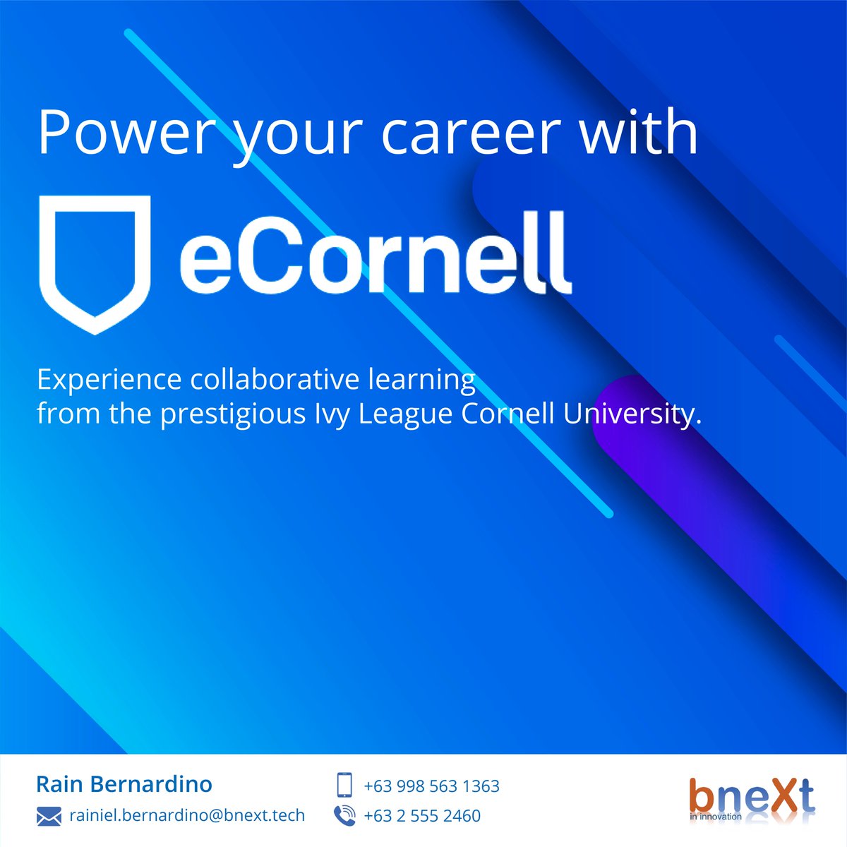 bnexttech's tweet image. Power your career with eCornell! Experience collaborative learning from the prestigious Ivy League Cornell University.

REGISTER NOW!!! bit.ly/2wocBUi
✉ rainiel.bernardino@bnext.tech
✉ marketing@bnext.com 
☎ (032) 555-2460📱 09985631363
 #EducProgram #TechAcad #skills