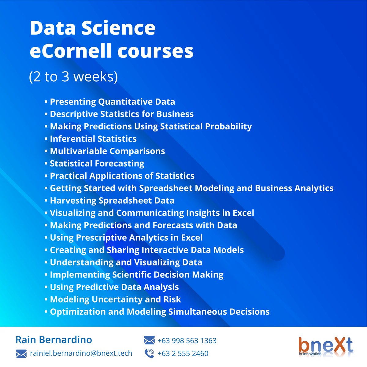 bnexttech's tweet image. Power your career with eCornell! Experience collaborative learning from the prestigious Ivy League Cornell University.

REGISTER NOW!!! bit.ly/2wocBUi
✉ rainiel.bernardino@bnext.tech
✉ marketing@bnext.com 
☎ (032) 555-2460📱 09985631363
 #EducProgram #TechAcad #skills