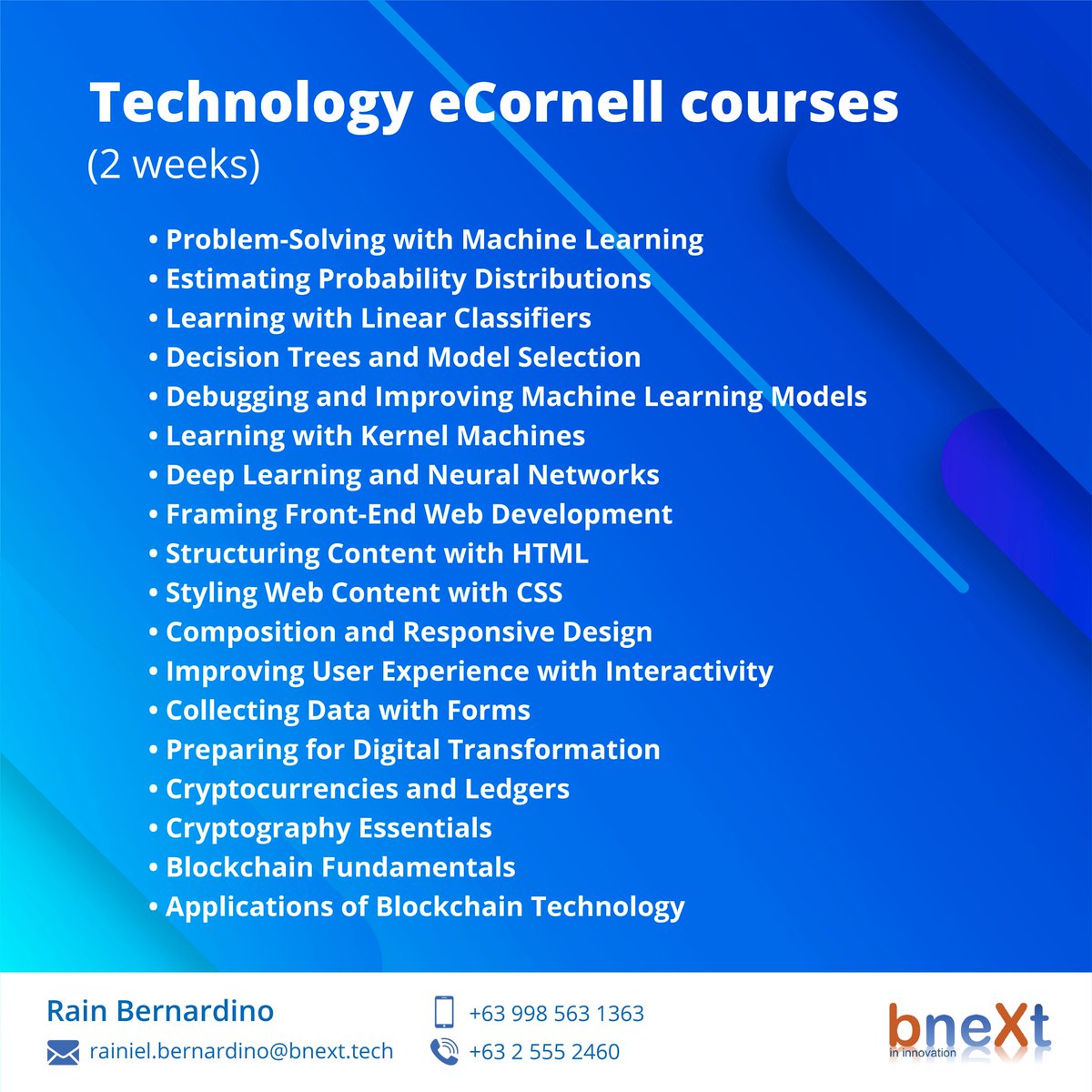 bnexttech's tweet image. Power your career with eCornell! Experience collaborative learning from the prestigious Ivy League Cornell University.

REGISTER NOW!!! bit.ly/2wocBUi
✉ rainiel.bernardino@bnext.tech
✉ marketing@bnext.com 
☎ (032) 555-2460📱 09985631363
 #EducProgram #TechAcad #skills