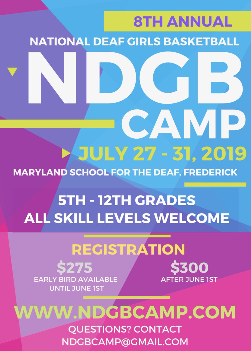Register today! The early bird discount for the National Deaf Girls Basketball Camp ends on Saturday, June 1st. Don't miss it! 

Register online at ndgbcamp.com