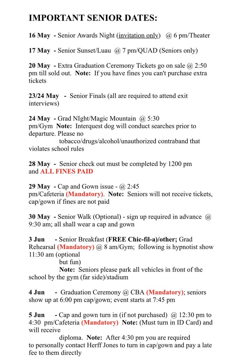 SENIORS! Here are updates for the rest of our events! Spread the word!
