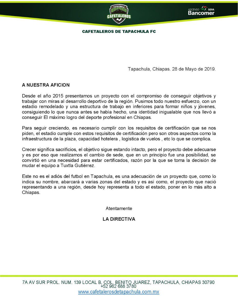 Tapachula_FC's tweet photo. Comunicado Oficial a la afición. https://t.co/fnjlH5SetV