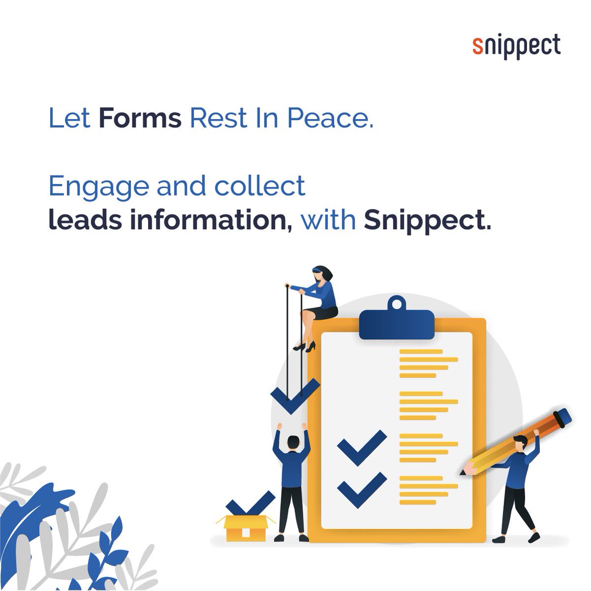 snippectdotcom's tweet photo. Boost lead generation without having to force visitors to fill a form. With Snippect’s persona defining and key questions, you can collect lead information - all validated in real-time. https://t.co/0F8eksqqn6
#CustomerEngagement #LeadGeneration #DigitalMarketing https://t.co/XsrXDPWEE3