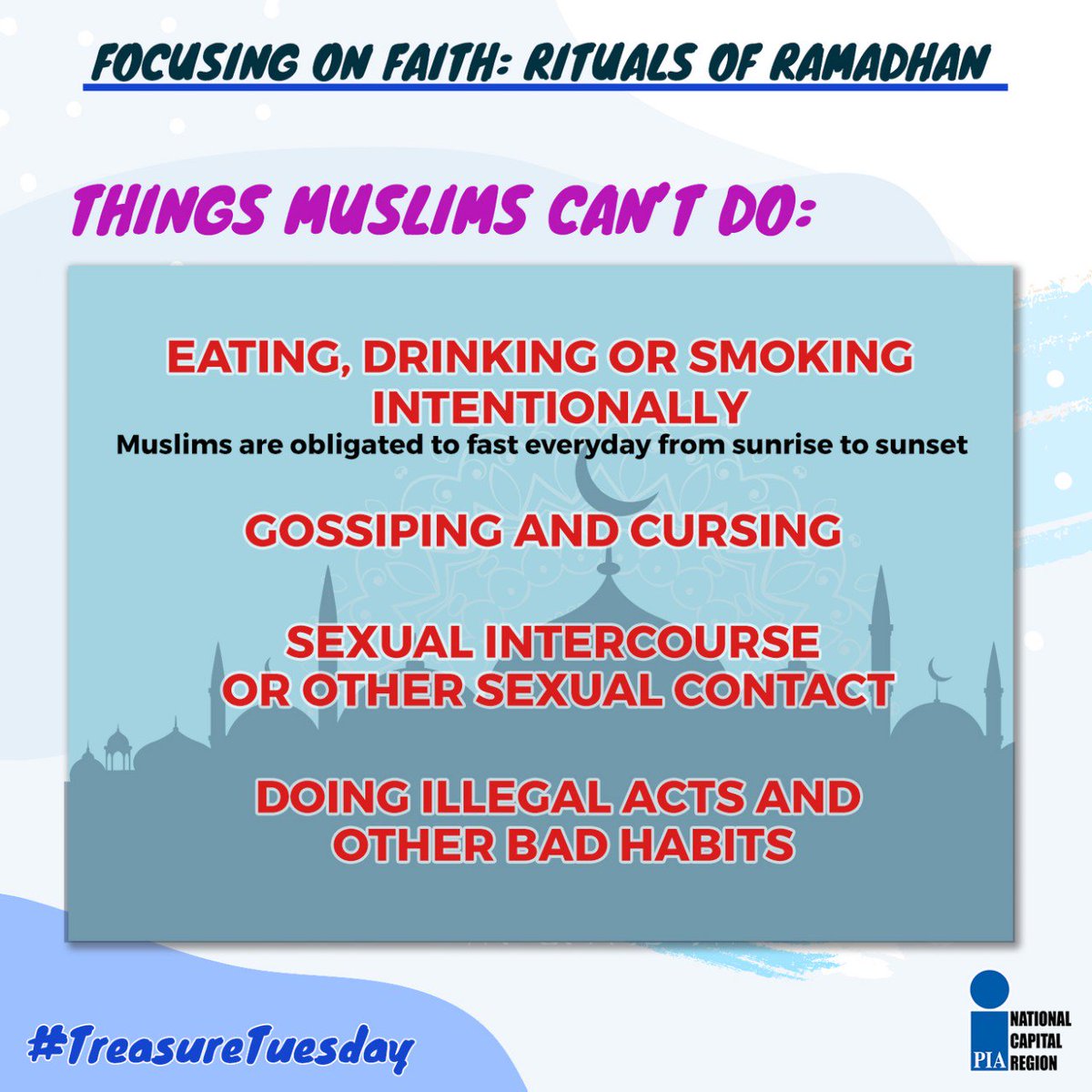 CHEDCaraga's tweet photo. RT PIADesk: #DYK what are the practices of our Muslim brothers and sisters during #Ramadhan?🕌 

Learn more:

#BeInformed | #PIANCR https://t.co/Naw2PxGNbL