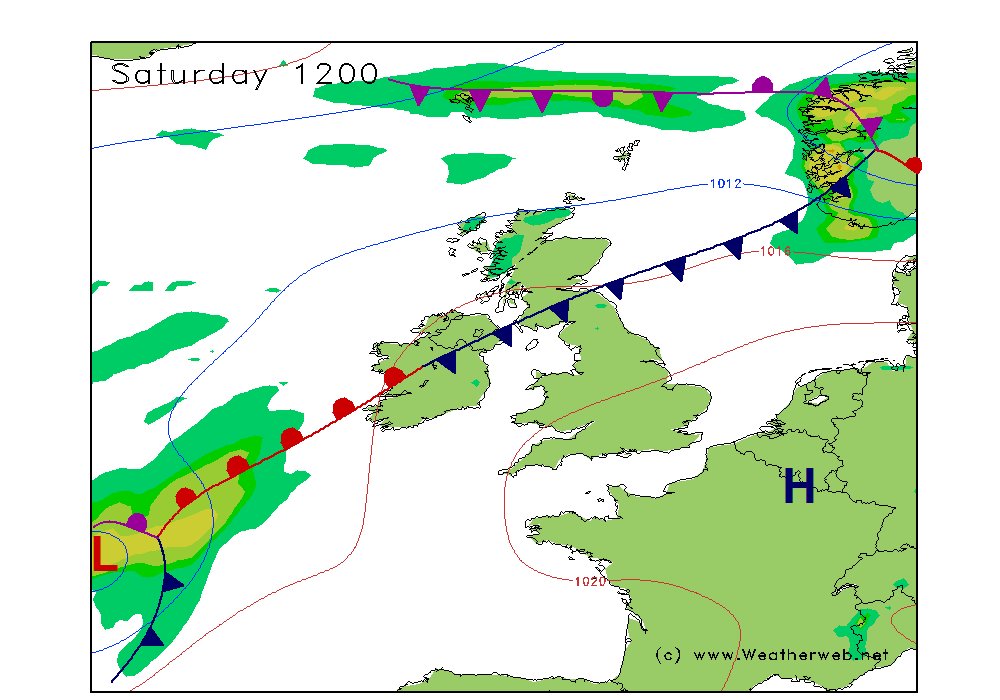 DerekTheWeather's tweet photo. A change in the forecast for the coming weekend.
Saturday the warmest and sunniest day with high pressure over France. Feeling humid with temperatures in the 20s. 23°C in Cardiff.
Sunday cooler with low pressure and a cold front bringing rain and showers which maybe thundery. https://t.co/p48yKxXiU2