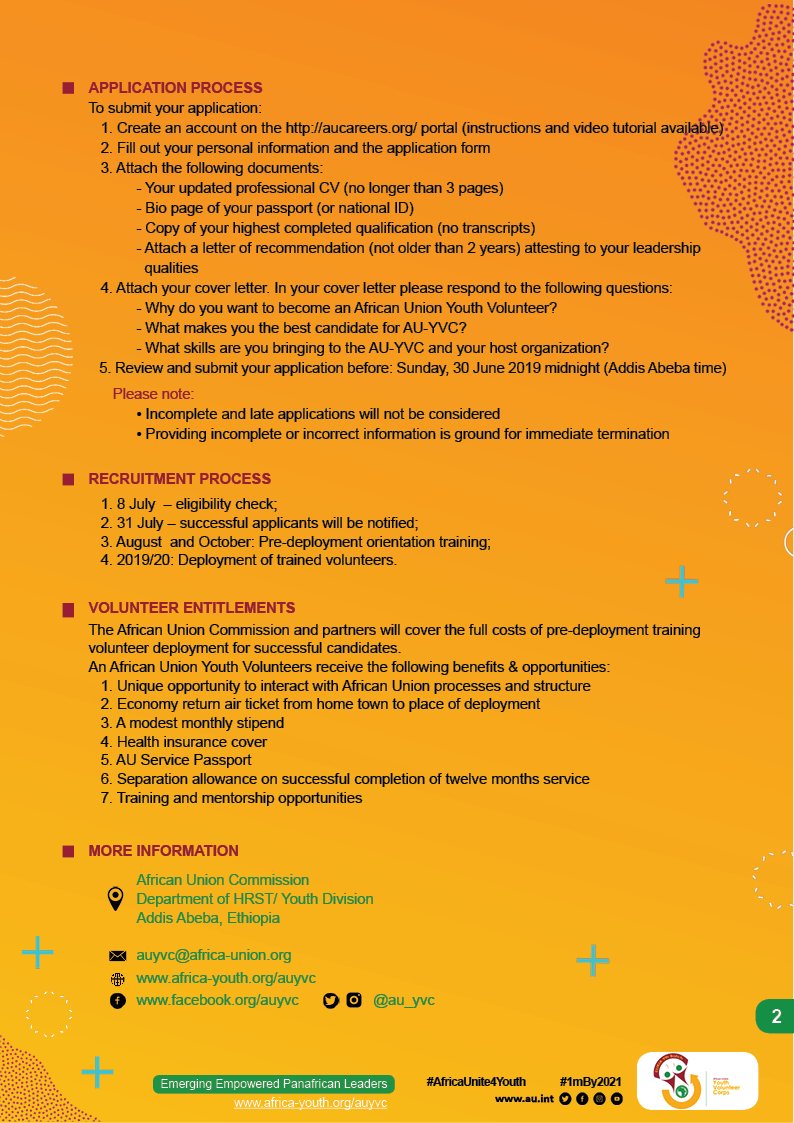 Etalks1's tweet photo. Apply @AUYouthProgram
Are you passionate about serving the continent? 
Are you willing to dedicate 12months of service to Africa ?

Then the @AU_YVC is for you.

Deadline for Applications extended till July 15th!! 

 #1mBy2021 https://t.co/chtxcBaTAN https://t.co/KBreb1xx6N https://t.co/730CM4Xdfm