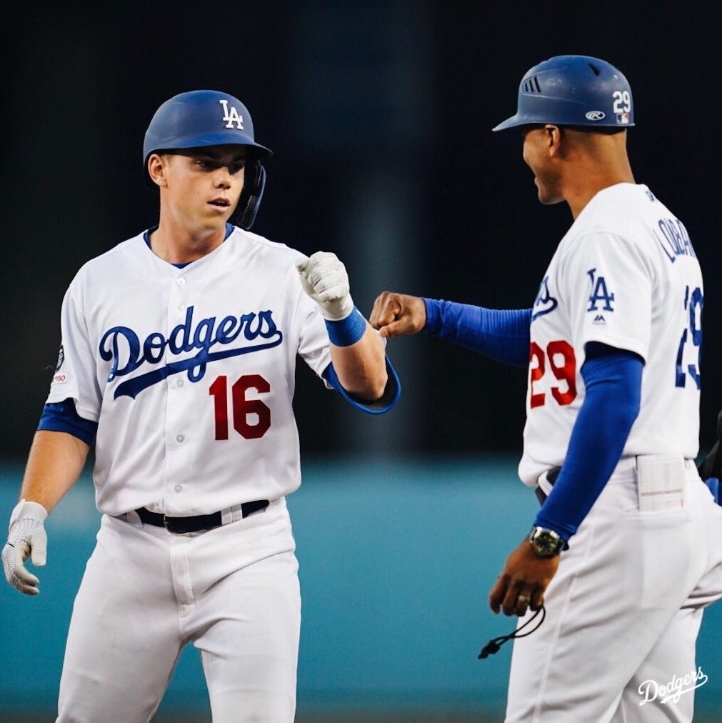 Dodgers's tweet photo. Chillin’ out maxin’ relaxin’ all cool after his first Major League hit. https://t.co/648t4OWrCa