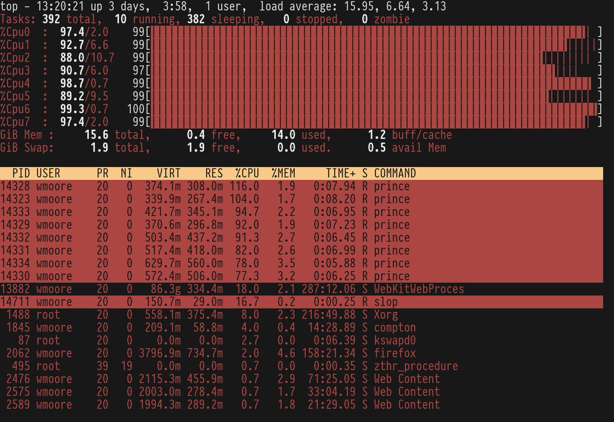 Screenshot of top showing all CPUs/threads maxed out by prince processes