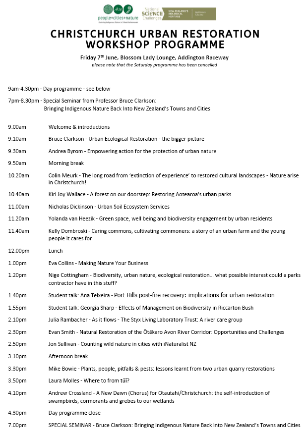 PplCitiesNature's tweet photo. Announcing an amazing line up of speakers for the Christchurch Urban Restoration Workshop, hosted by @PplCitiesNature &amp; @BioHeritageNZ . Everything from native birds to urban farming and sustainable business. #FREEentry #registerNOW https://t.co/0WPCMOF7xe