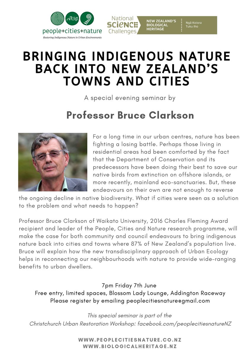 PplCitiesNature's tweet photo. Announcing an amazing line up of speakers for the Christchurch Urban Restoration Workshop, hosted by @PplCitiesNature &amp; @BioHeritageNZ . Everything from native birds to urban farming and sustainable business. #FREEentry #registerNOW https://t.co/0WPCMOF7xe