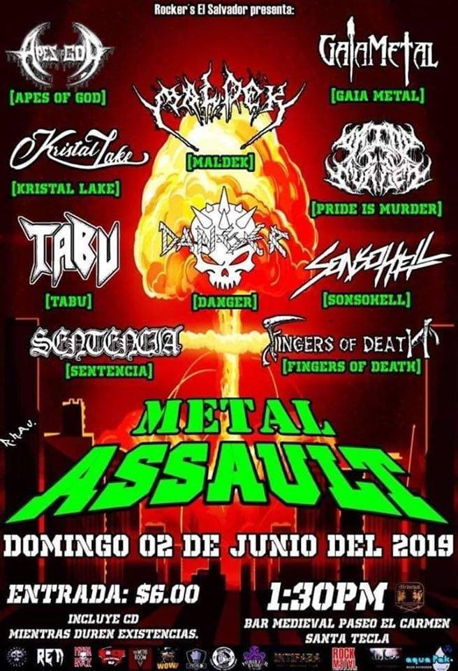 NACIONMETAL's tweet photo. 2 de Junio - METAL ASSAULT 2019 - Santa Tecla - Bandas invitadas #GaiaMetal #Sonsohell #Sentencia #KristalLake #Tabu #Danger #FingersOfDeath #ApesOfGod #PrideIsMurder - 13:30 Horas - Produce #RockersElSalvador https://t.co/3aE5deNi8q