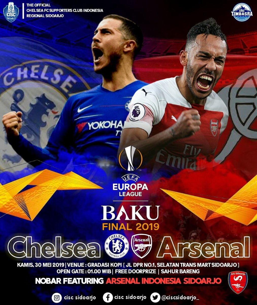 TODAY !!!
EUROPA LEAGUE FINAL 🏆
CHELSEA VS ARSENAL 

NOBAR FEAT ARSENAL INDONESIA SIDOARJO @ais_sidoarjo 🙌.

Venue ; <a href="/gradasi/">Riyanti</a>.kopi 
Open gate : 01.00 WIB.
HTM : 20K ( Include Sahur bareng )
Cp : 0821-3236-5148 ( Rangga ).
Birukan !
Werr  kan  #ciscsidoarjo #cspn #sidoarjowerr