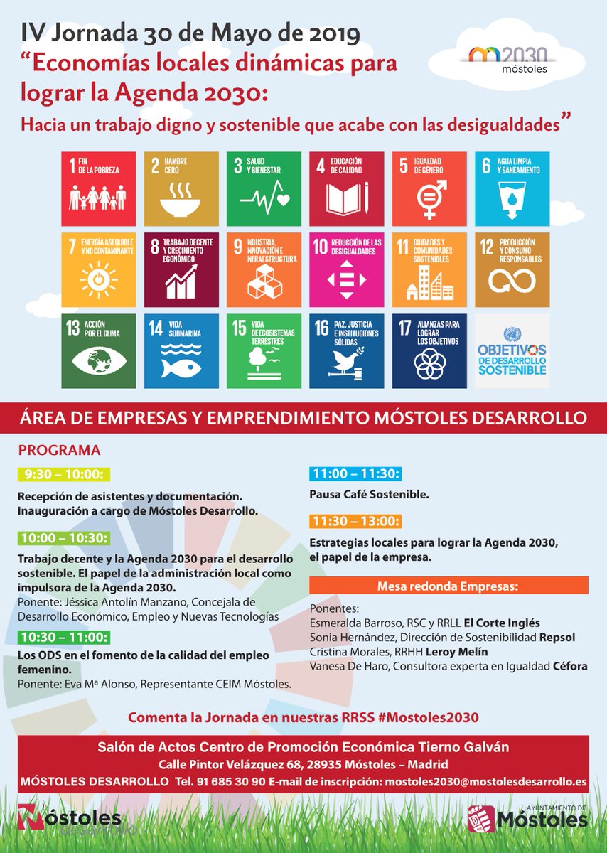 mostdesarrollo's tweet photo. Jornada ECONOMÍAS LOCALES DINÁMICAS PARA LOGRAR LA AGENDA2030: Hacia un trabajo digno y sostenible que acabe con las desigualdades https://t.co/UQg65Pw4mJ  #igualdad #empleo #Móstoles2030 @JessicaAntolinM @MissColorss @_CEIM_ @elcorteingles @Repsol @leroymerlin_es @cefora_consult https://t.co/EYIAcWwXtY