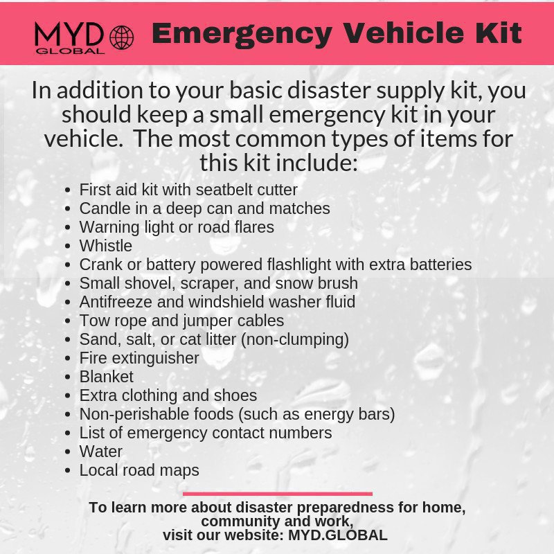 MYDglobal's tweet photo. Emergencies happen every day. Be prepared even when you're away from home with an emergency vehicle kit. Learn more: https://t.co/bSKLVYmANg #emergencypreparedness #prepaware #prepare #prepper #disaster #catastrophe #epWeek2019 https://t.co/qvUekI9F0p