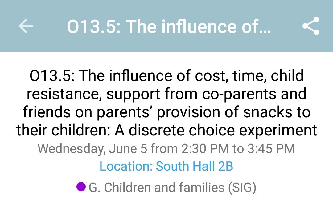 This time next week I'll be presenting findings from our #DCE exploring the influence of physical resources and social supports on #parents snack provision.
If you are heading to #ISBNPA2019
add me to your agenda 😉 Details 👇
<a href="/ISBNPA/">ISBNPA</a> #NESI_ISBNPA
