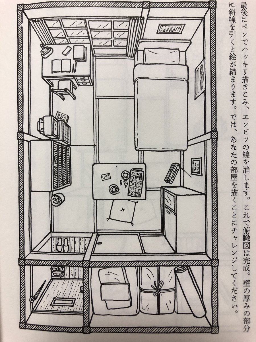 とだ勝之10 17関西コミティアe 37 少年h でお馴染みの舞台美術家 妹尾河童さんの本に 部屋の精密な俯瞰図の描き方が載っていた その記憶を頼りに 消失点がこの辺とこの辺にある感じで と説明したけど 消失点が２つってどういうことですか と