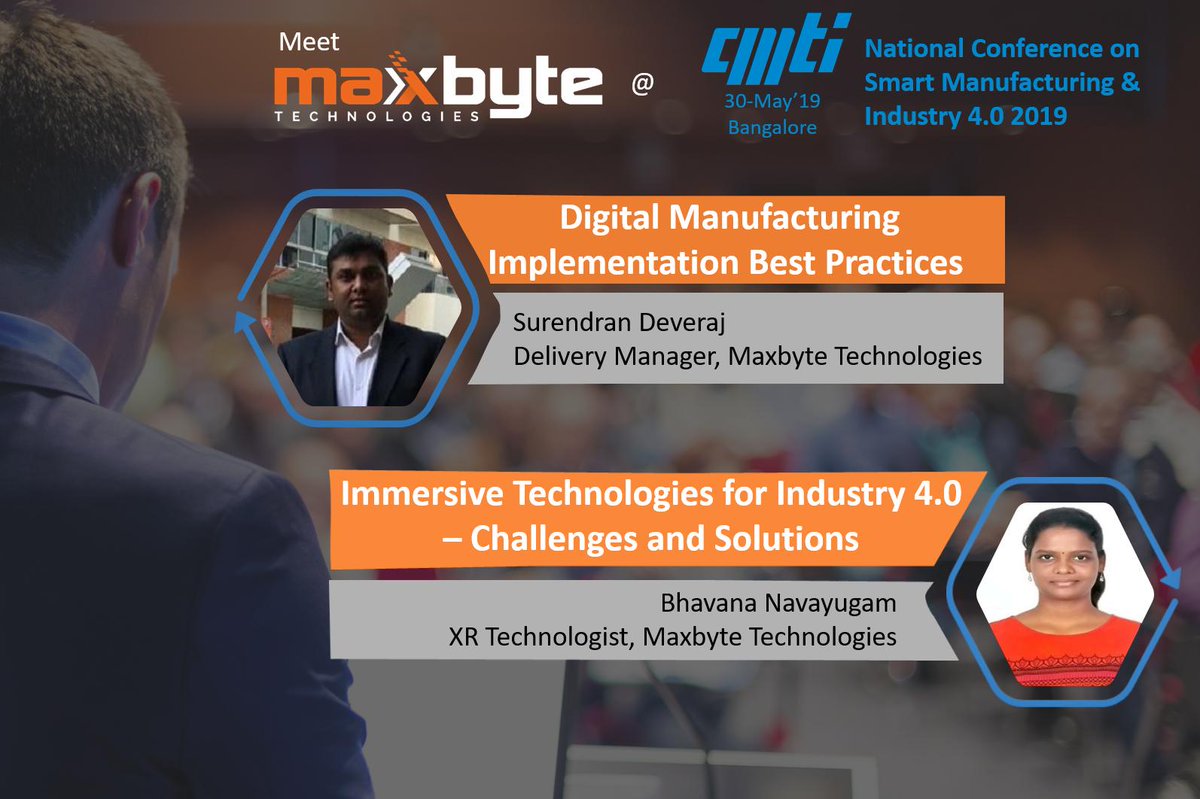 MaxbyteTech's tweet photo. Meet Maxbyte @CmtiBengaluru 
Presentation on: Best Practices in Digital Implementation, Challenges &amp; Solutions in Immersive Technologies for Industry 4.0 
#thinkmaxbyte #iiot #digitalmanufacturing #analytics #conference #augmentedreality #virtualreality https://t.co/sPO9m8IBbO