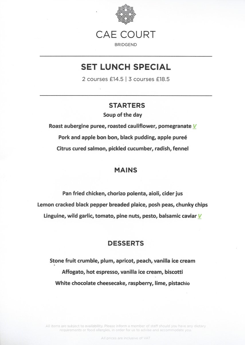 caecourt's tweet photo. Why not come and dine in our award winning restaurant. Here is today’s Set Lunch Special Menu served between 12noon - 2:30pm. 2 courses £14.50 | 3 courses £18.50. Evening service will be served at 6:30pm with out À La Carte Menu.

Book: 01656 668866 • info@caecourt.com https://t.co/e44ftX2Cn5