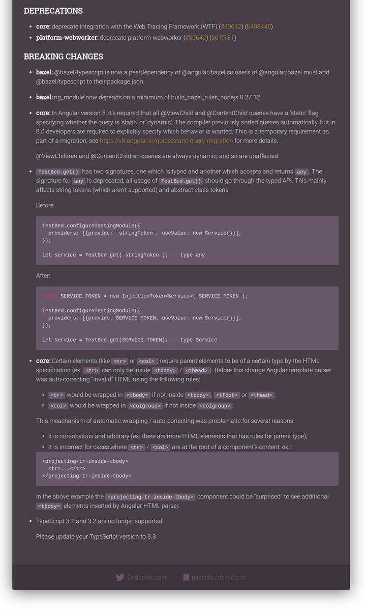 releasebutler's tweet photo. 🔥 New Angular Release 🚀
  
📦 8.0.0 
🏛 MAJOR RELEASE 🎉🎉🎉

🏷️ #angular #typescript #release #changelog #releasebutler

🔗 https://t.co/I8hg312i6k https://t.co/r7VUdkmnn9